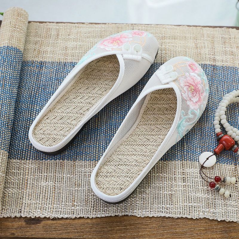 Solette in rete di lino, pantofole piatte ricamate, scarpe da donna 2025, sandali_voghion.com