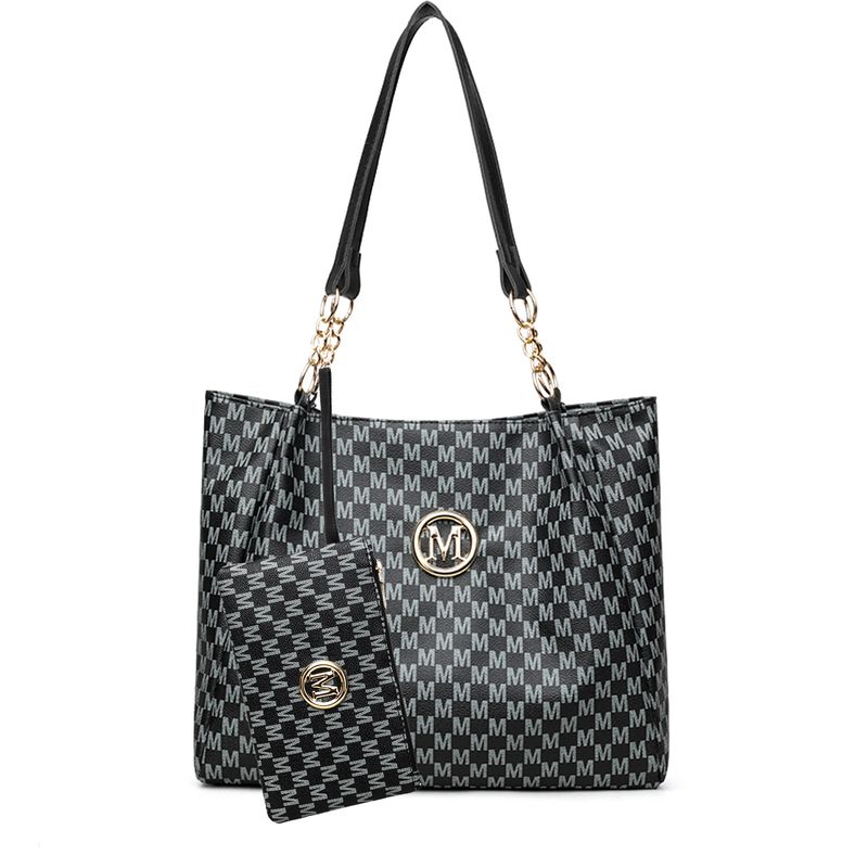 Stylish M-Print Tote & Clutch Bag Set With Chain Strap - Versatile PU Handbag Combo For Women (Black/Brown/White)_voghion.com