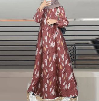 Abbigliamento da donna Elegante abito a maniche lunghe con stampa floreale per donna musulmana - Abito lungo a trapezio modesto con scollo rotondo e maniche a sbuffo - Disponibile_voghion.com