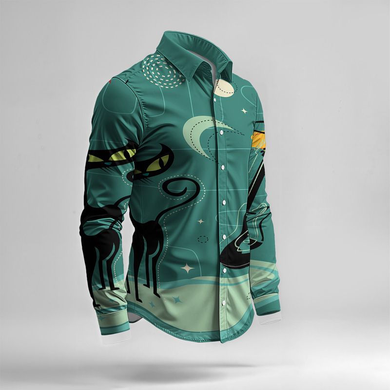 2025 Spring Summer Men Shirt Set Geometry Print Fashion Abstract Two Piece Set Mens Cat Lightweight Party Long Sleeves Suit Casu_voghion.com