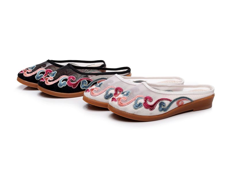 Slippers, Mesh Embroidered Fabric Shoes, Summer Cow Tendon Soles, Casual Women's Outerwear Sandals_voghion.com