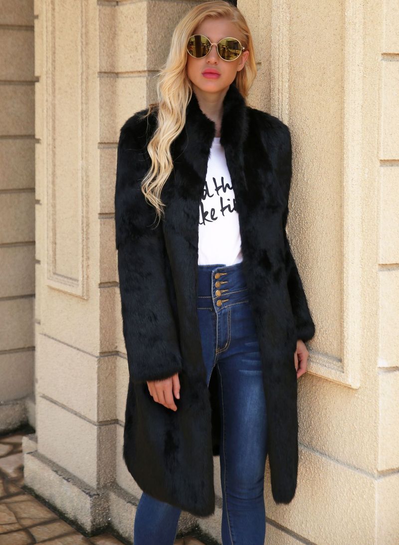 Abrigo largo de lujo de piel sintética de conejo para mujer, con cinturón ajustable, abrigo de invierno negro._voghion.com
