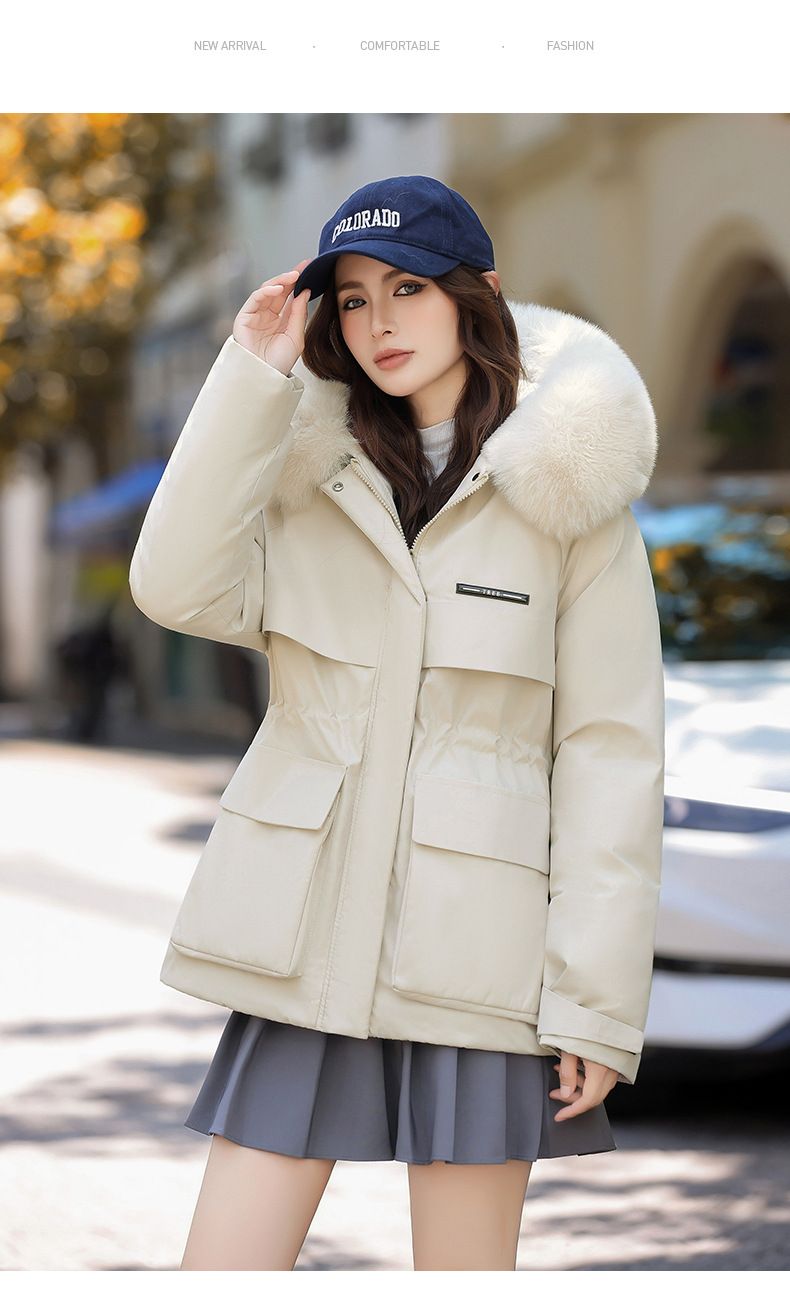 Women's Parka Coat With Detachable Rabbit Fur Hood, Waist-Belted Winter Jacket, Thickened Polyester Shell & Down Cotton Filling For Casual & Office_voghion.com