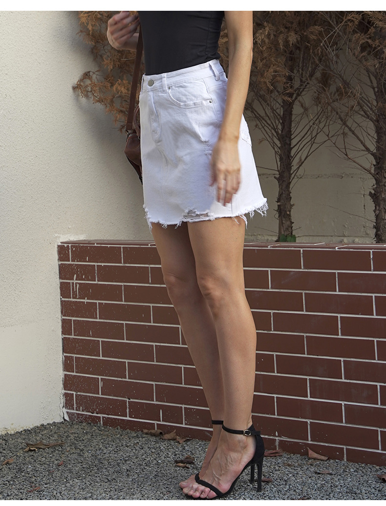 elastische gescheurde denim rok voor dames, korte rok, super heet_voghion.com