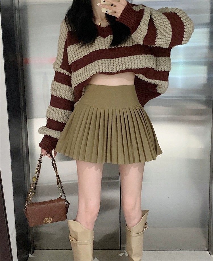 Jupe mi-longue en laine kaki GraceChic Melard pour femme, nouvelle collection automne-hiver, taille haute, amincissante, plissée, coupe trapèze, anti-exposition_voghion.com