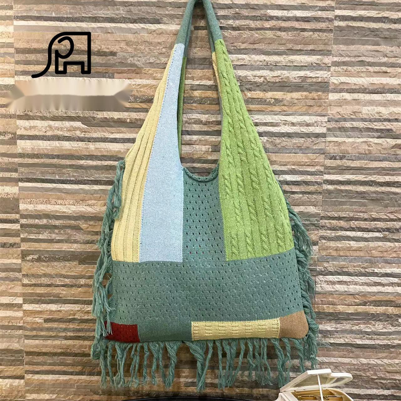 2024 New Tassel Women's Splicing Knitted Handheld Shoulder Bag Hot Selling Simple Retro Knitted Bag Versatile Big Bag_voghion.com