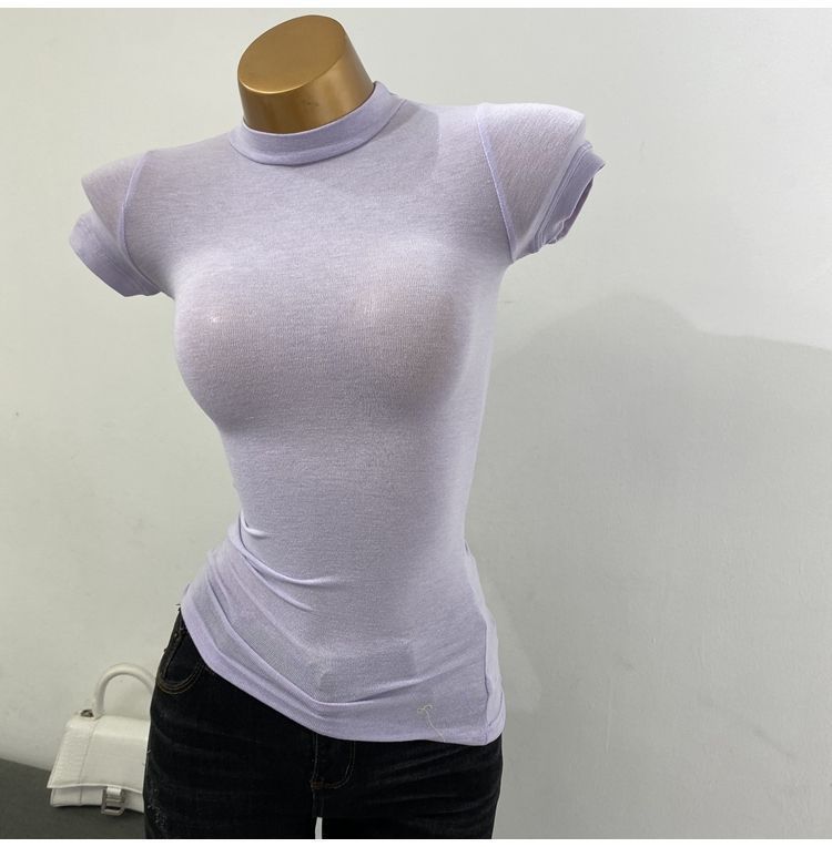 【Monthly Sales 100k 】Slightly Sheer Short Sleeve T-Shirt Base Layer Slim Fit Stretch Pure Desire Inner Wear 2025 New_voghion.com