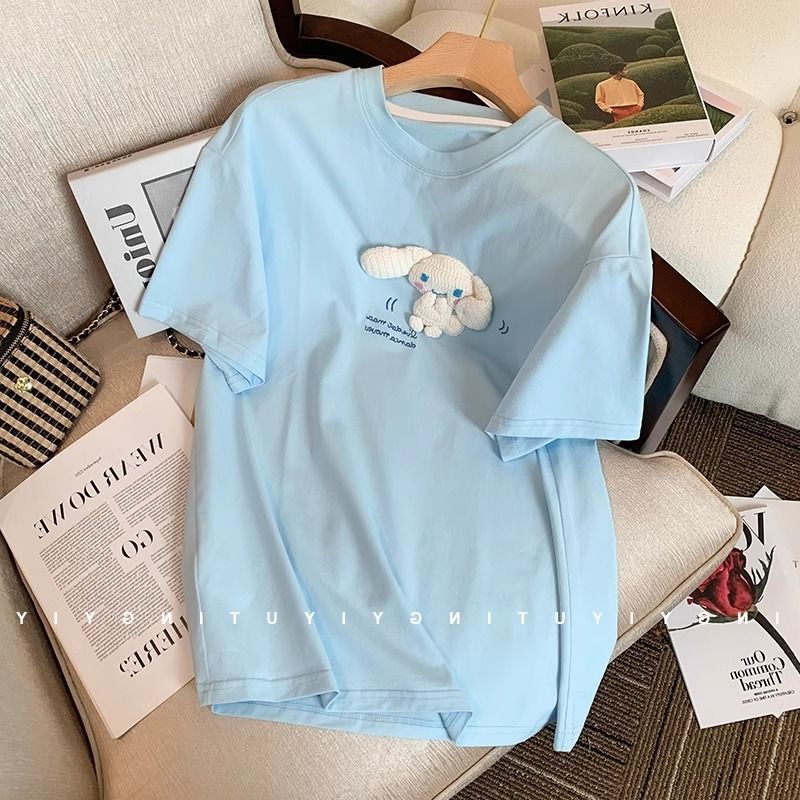 Maglietta a maniche corte con stampa di un simpatico cane alla cannella, azzurra, da donna, estiva, stile Hong Kong_voghion.com