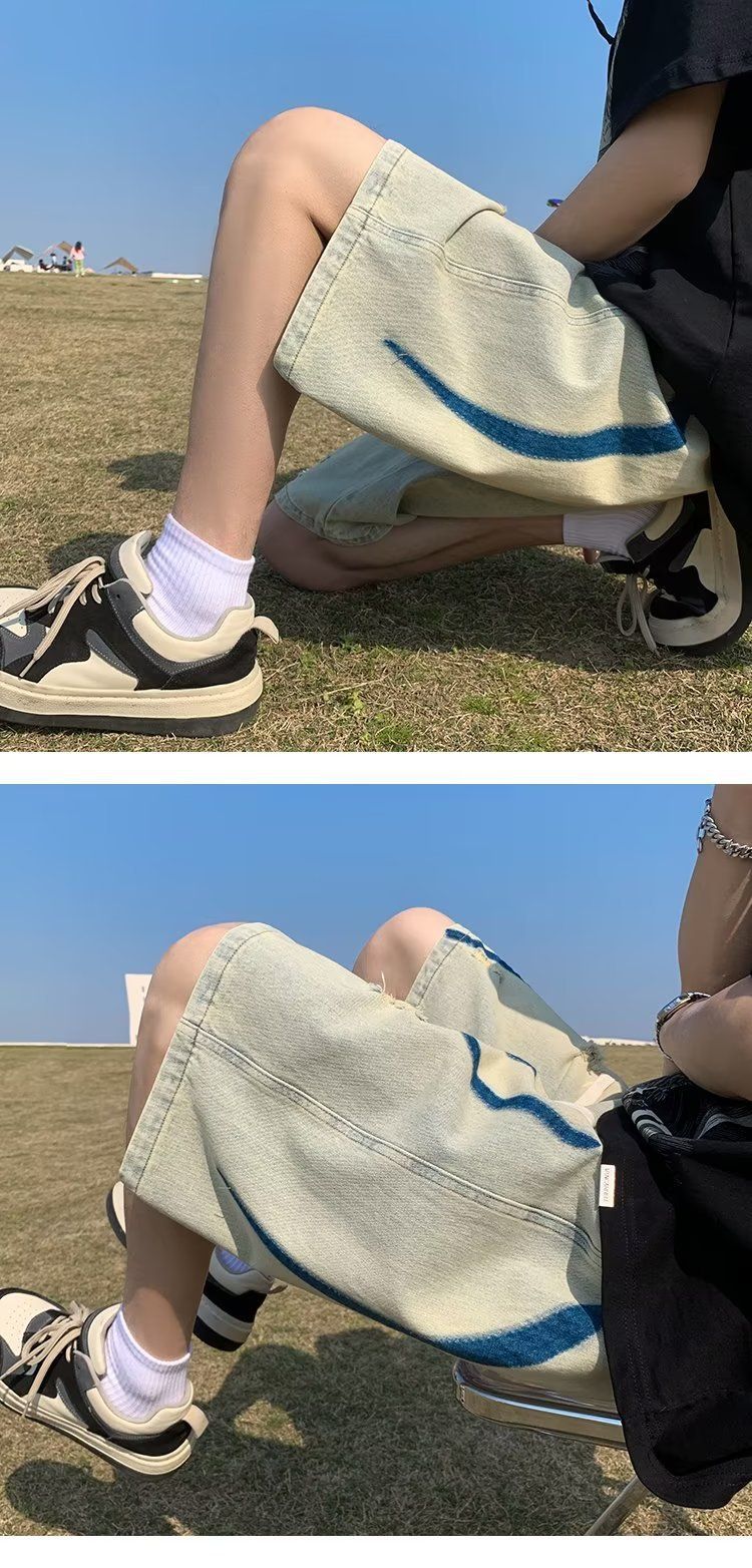 Pantaloni scurți din denim vopsit cu cravată, stil nou de vară pentru bărbați, spălați, uzați, cu picior drept, cinci sferturi, la modă, brand cool și lejer, casual_voghion.com