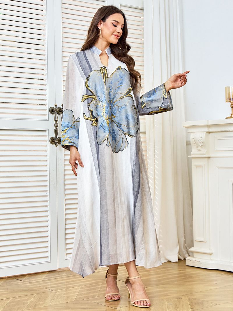 Elegantes besticktes Abaya-Kleid mit Blumenapplikation – Locker sitzendes Langarm-Maxikleid für Damen, atmungsaktives Polyester, Beige (S-XXL)_voghion.com