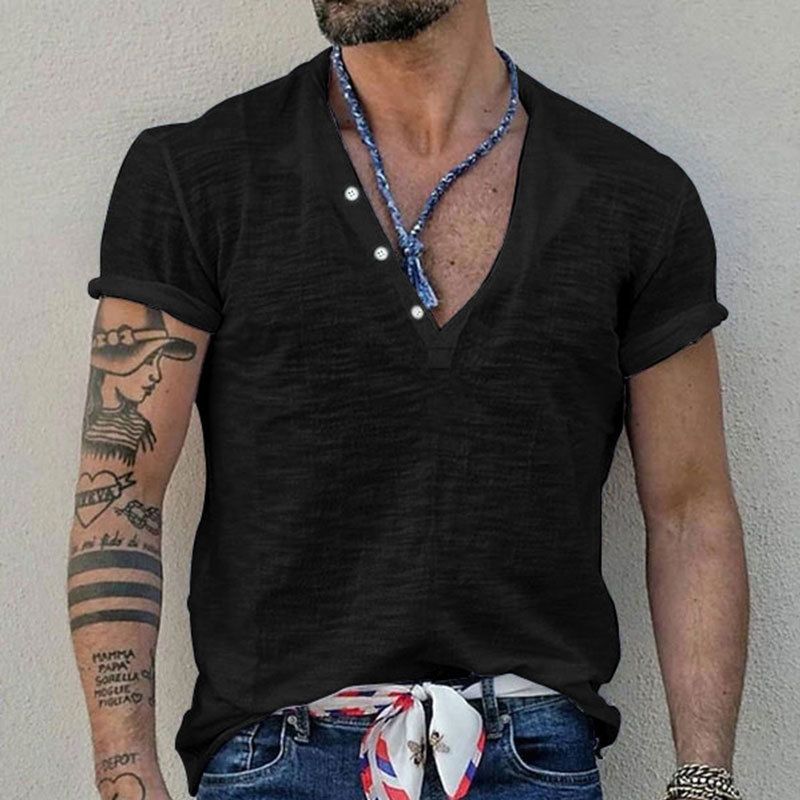 Maglietta a maniche corte slim tinta unita casual da uomo, con nodo in bambù e fibbia Henry, estate 2025, di qualità imbattibile._voghion.com