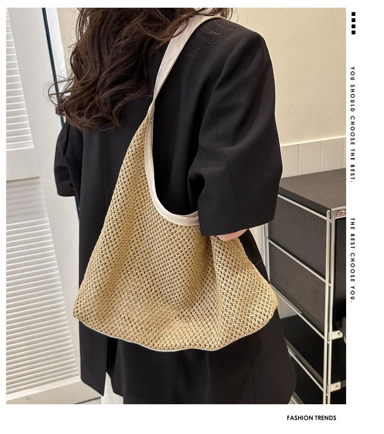 Sac tissé en herbe pour femmes, sac de loisirs de grande capacité, sac à bandoulière sous les bras occidental, nouvelle collection 2024_voghion.com