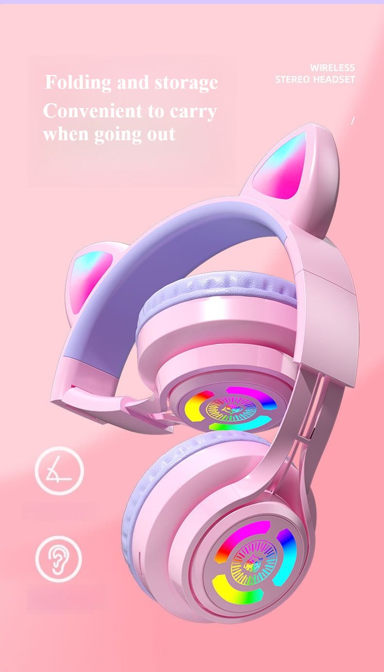 Colorful Cat Ear Wireless Headset - Bluetooth Gaming Headphones With RGB Light, Stereo Sound & Comfort Fit For Esports_voghion.com