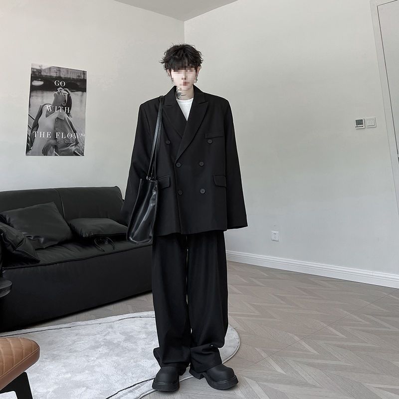 ForMen Herbst INS Nischendesign Retro Schwarz Zweireihiges Set mit gepolsterten Schultern für Männer Lose Anzughosen mit weitem Bein_voghion.com