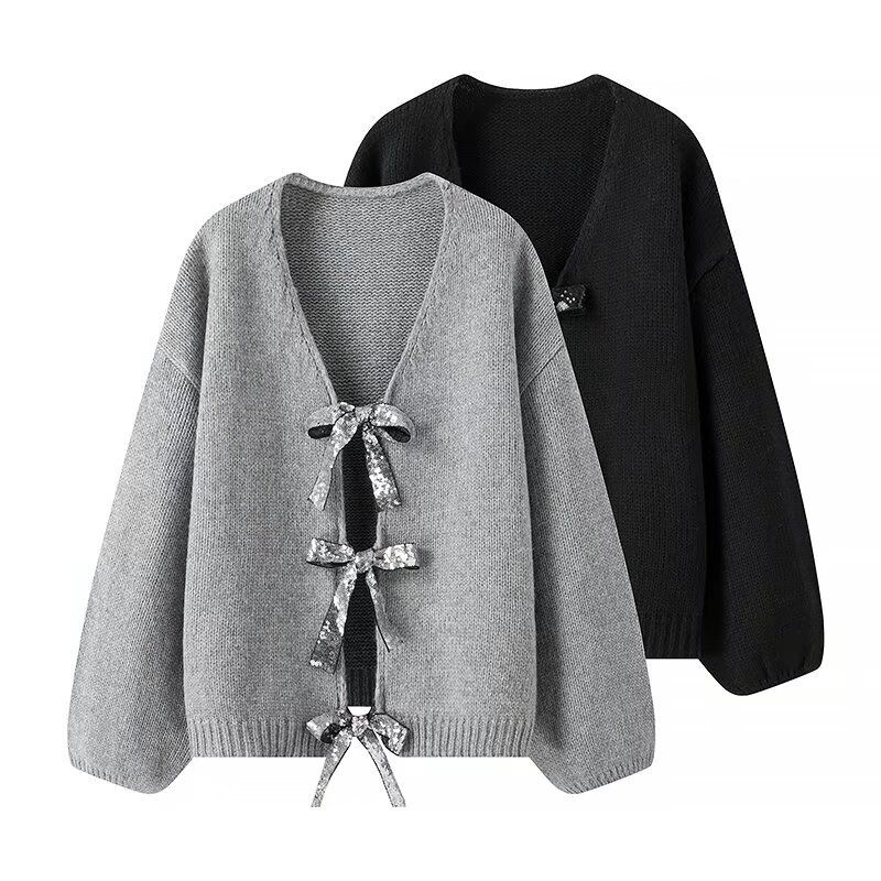 Cardigan en tricot ample à paillettes, deux couleurs, avec nœud de personnalité décoré, à la mode pour femmes_voghion.com