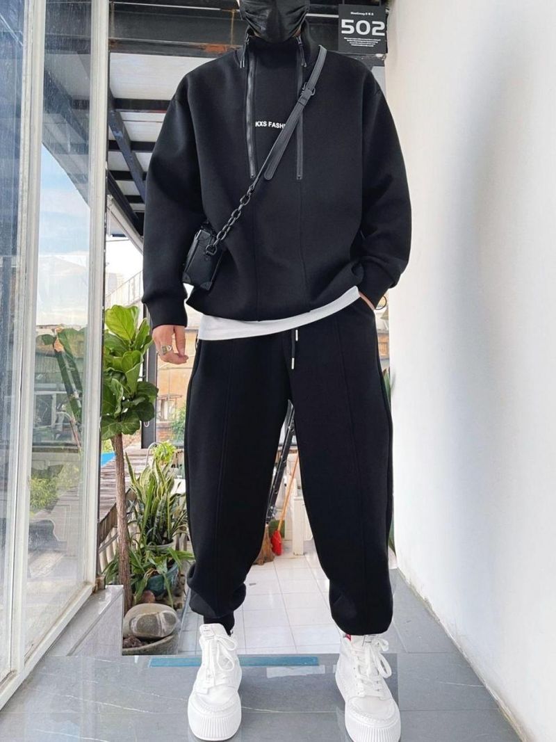 Men's Half-Zip Sweater Set – Winter-Ready Fleece-Lined Jogger Suit With Dual Zipper (Black/Gray/White, S-3XL)_voghion.com