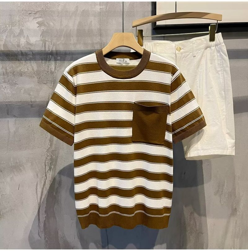 Herrenbekleidung Rundhals-Streifenpullover Herren Kurzarm-T-Shirt Tops Herren 2024 Sommer neues Design lässig vielseitig_voghion.com