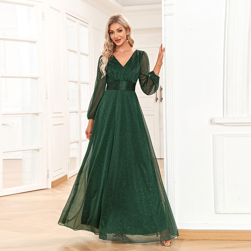 Ženska elegantna večerna obleka iz bleščečega šifona z V-izrezom, a-kroja, poročna obleka z dolgimi rokavi za družice New Vestido De Festa_voghion.com