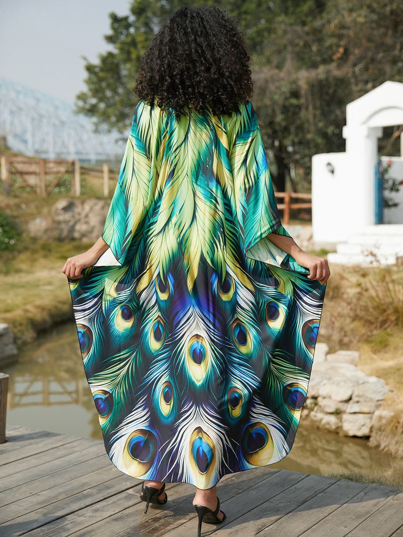 Beach Cover-Up Dress – Flowy Long Bikini Robe With Exotic Prints (Peacock/Abstract/Feather, One Size)_voghion.com