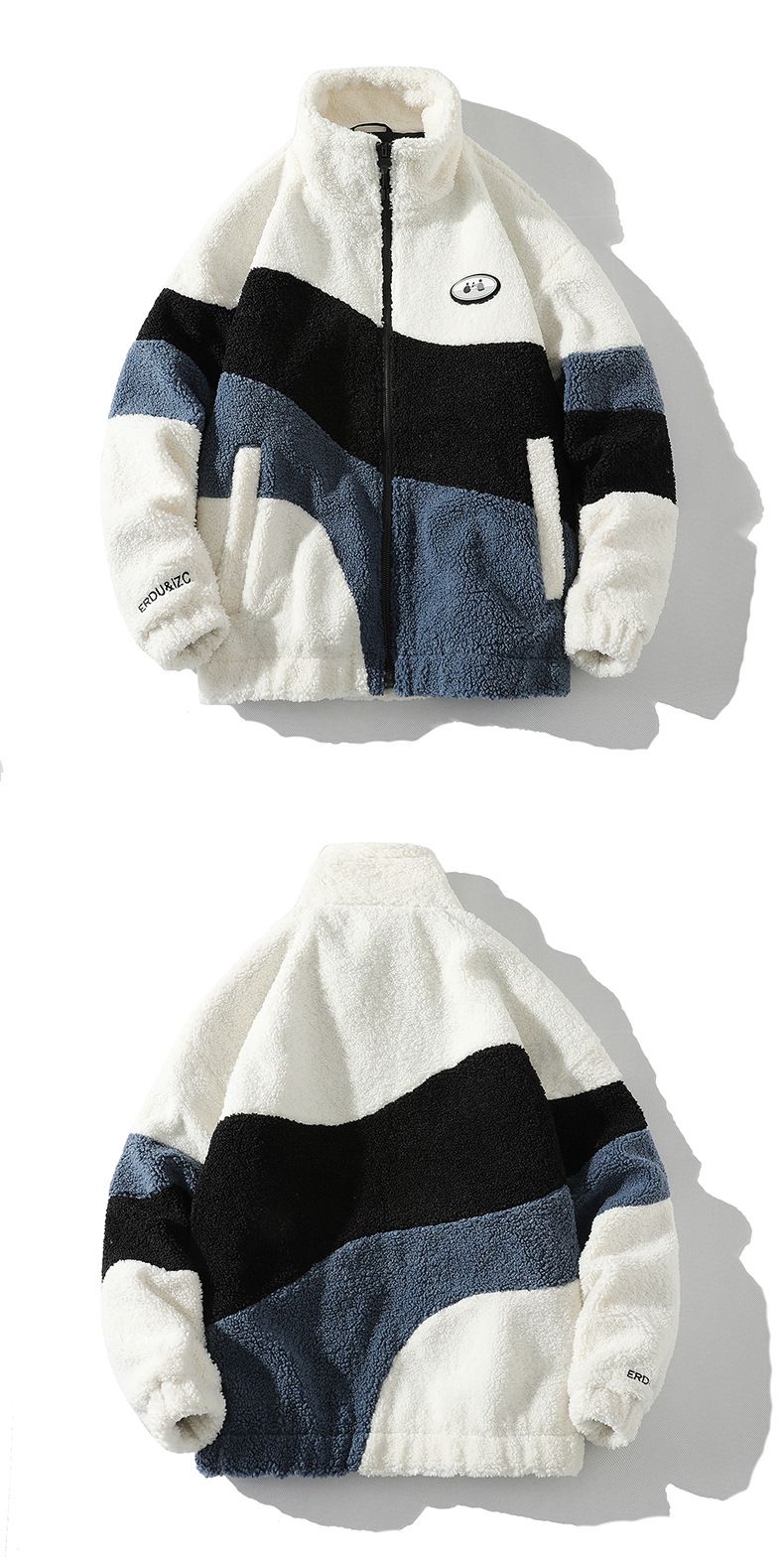 Giacca foderata in pile da uomo - Collo in morbido sherpa, cappotto invernale più spesso, design a blocchi di colore, vestibilità slim, chiusura con cerniera, capospalla casual_voghion.com