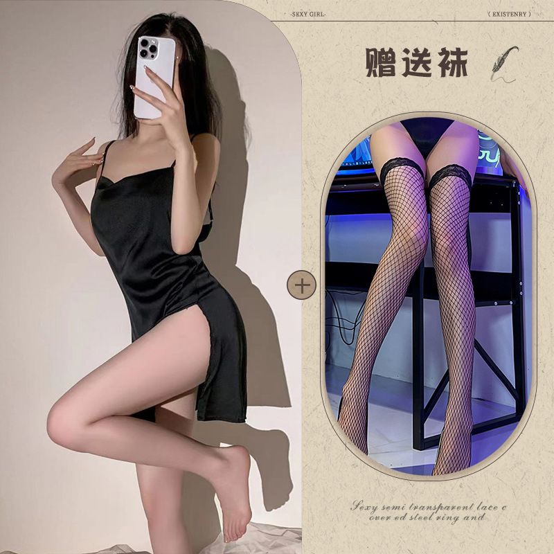 Langpinheng Sexy per donne in pura seta traforata liscia da indossare in casa, lingerie erotica, camicia da notte con spalline calde_voghion.com