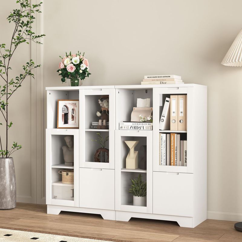 MDF Painted Cabinet With Glass Doors And Drawer, Open Storage Space, Navy Blue ,Bedroom, Living Room_voghion.com