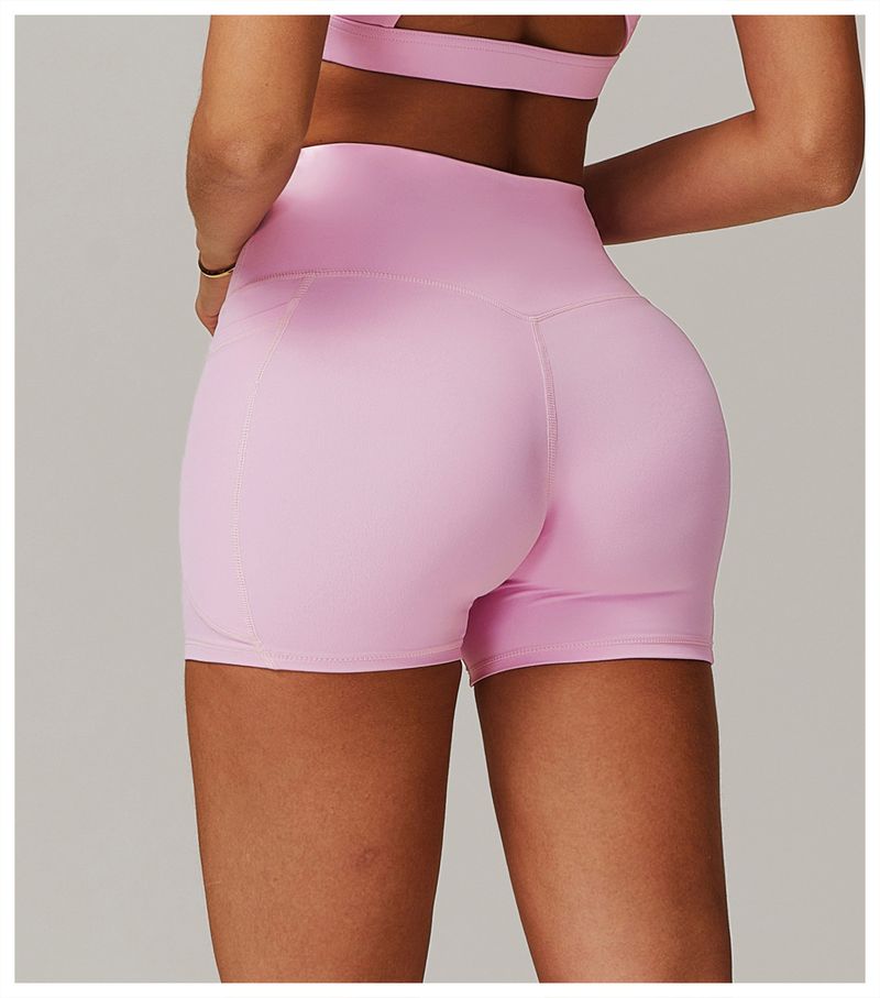 Vêtements pour femmes, shorts de sport couleur chair à séchage rapide, taille haute, pantalons de yoga serrés, poches, shorts de course respirants et de fitness_voghion.com