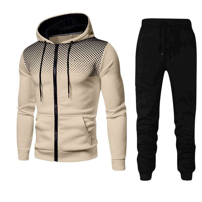 Autumn Winter Fleece Polka Unisex Sports Hoodie Dot Men Solid Color Zipper Sweatshirt Sweatpants Set_voghion.com