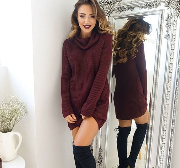 Einfarbiges, sexy Rollkragenpulloverkleid mit langen Ärmeln für Damen_voghion.com
