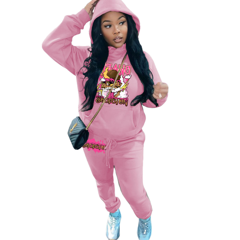 Tuta sportiva stampata casual da donna con felpa in pile con cappuccio in due pezzi_voghion.com
