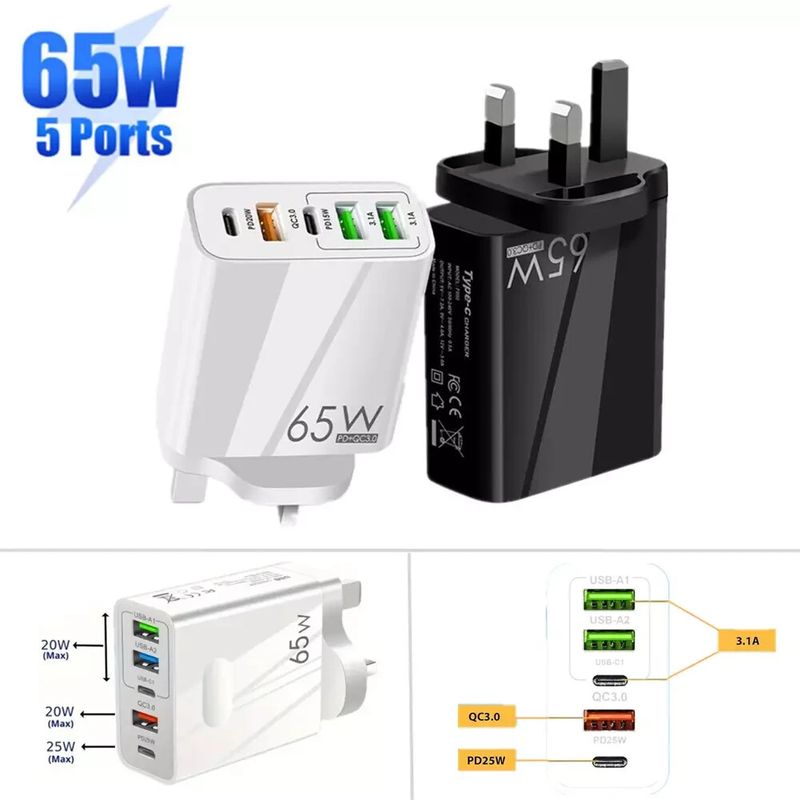 65w PD Schnellladegerät Adapterstecker UK 3 USB und 2 Typ C für Handy_voghion.com