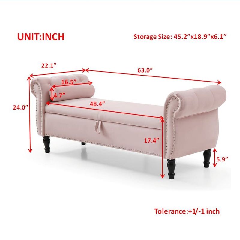 Aijia 63" Velvet Multifunctional Storage Rectangular Sofa Stool Buttons Tufted Nailhead Trimmed Solid Wood Legs With 1 Pillow,Pink_voghion.com