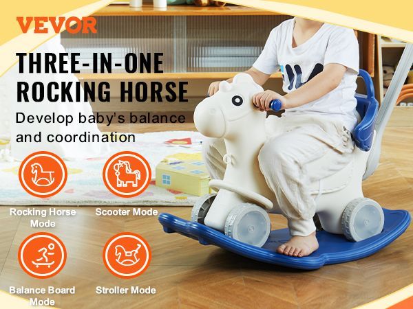 VEVOR 4 In 1 Rocking Horse For Toddlers 1-3 Years, Baby Rocking Horse With Detachable Balance Board, Push Handle And 4 Smooth Wheels, Support Up To HDPE 80 Lbs Kids Ride On Toy With Sound, Blue_voghion.com