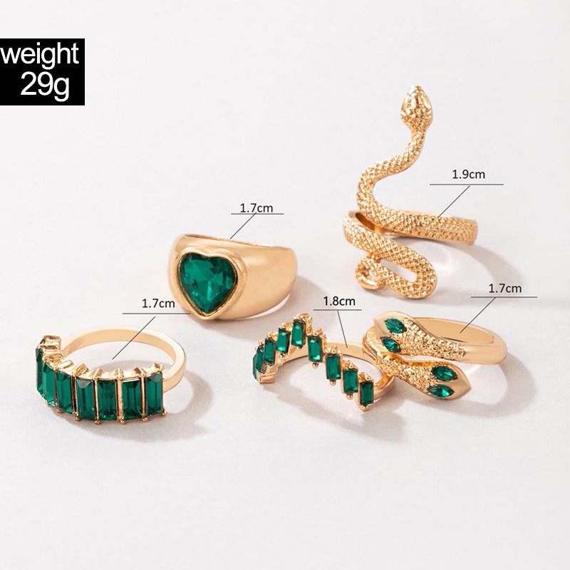 Jewelry New Emerald Versatile Heart Personality Snake Ring Five-Piece Set_voghion.com