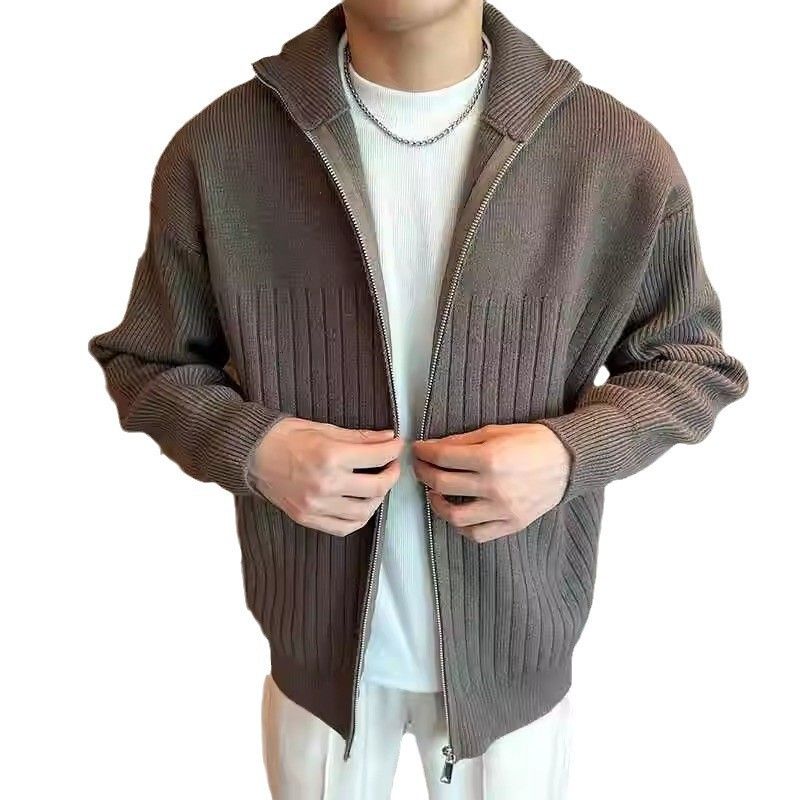 Knitted Sweater For Men, Loose Fit Jacket, Ins Style, Autumn, Stylish Stand Collar, Casual Striped Cardigan, Trendy_voghion.com