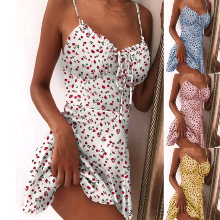 Printed Ruffle Mini Skirt Bohemian Beach Dress Drawstring Sundress_voghion.com