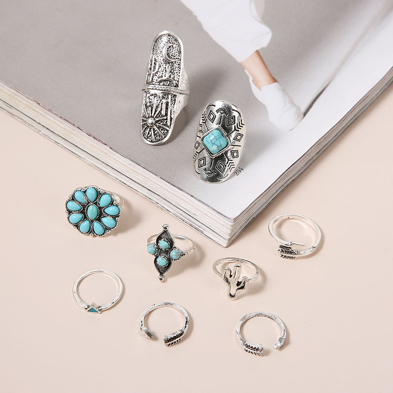 Jewelry Cactus Turquoise Sunflower 9-piece Alloy Set Ring_voghion.com