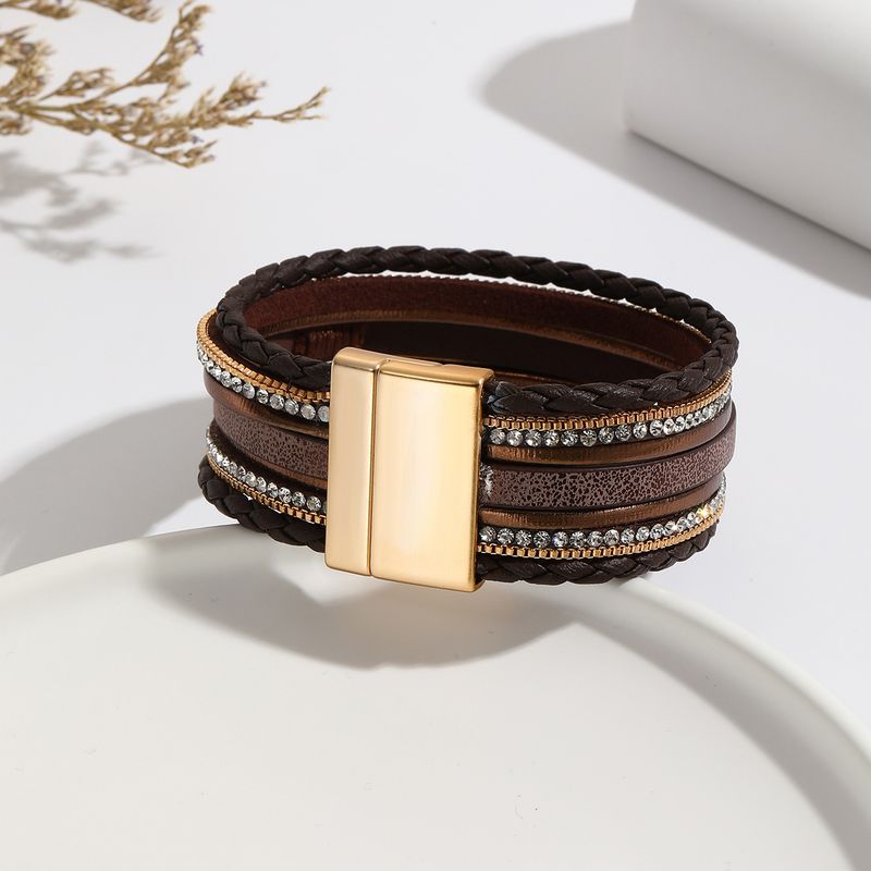 Bracelet tissé unisexe en cuir PU de style ethnique, multicouches, strass_voghion.com