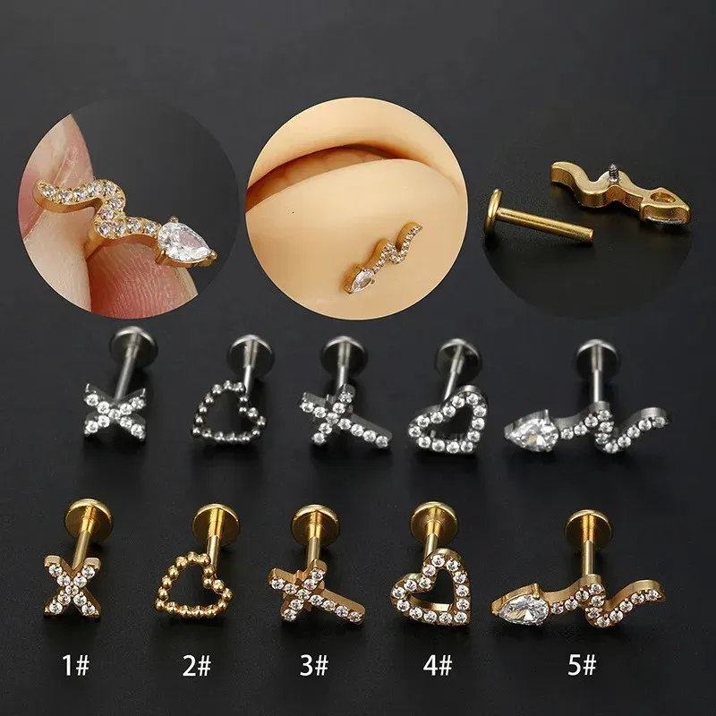 Piercing 16G G23 Labret Clous Cœur Serpent Croix CZ Filetage Interne Hélix Conch Cartilage Lèvre Boucles d'oreilles Piercing Bijou de Corps_voghion.com
