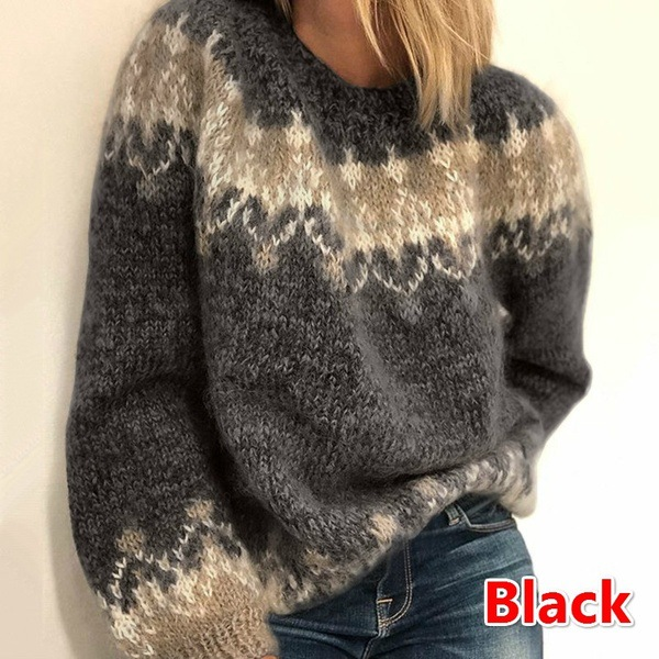 Pull en mohair épais tricoté jacquard pour femme, vêtement décontracté pour l'automne et l'hiver_voghion.com