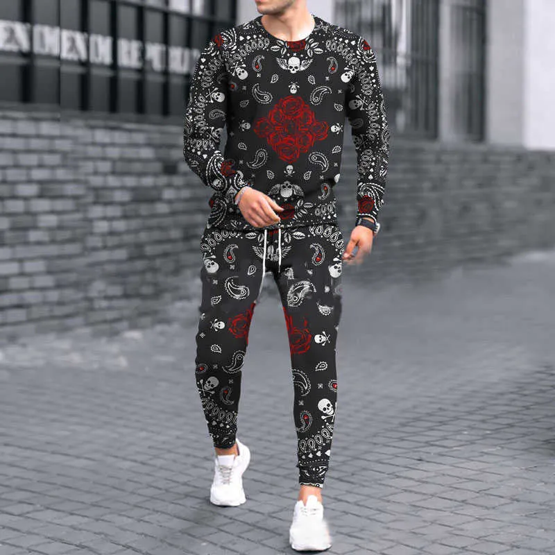 Träningsoveraller Herr Träningsoverall Casual 2-delad långärmad T-shirt+byxor Kostym Modekläder Färgglada dagliga klädselset_voghion.com