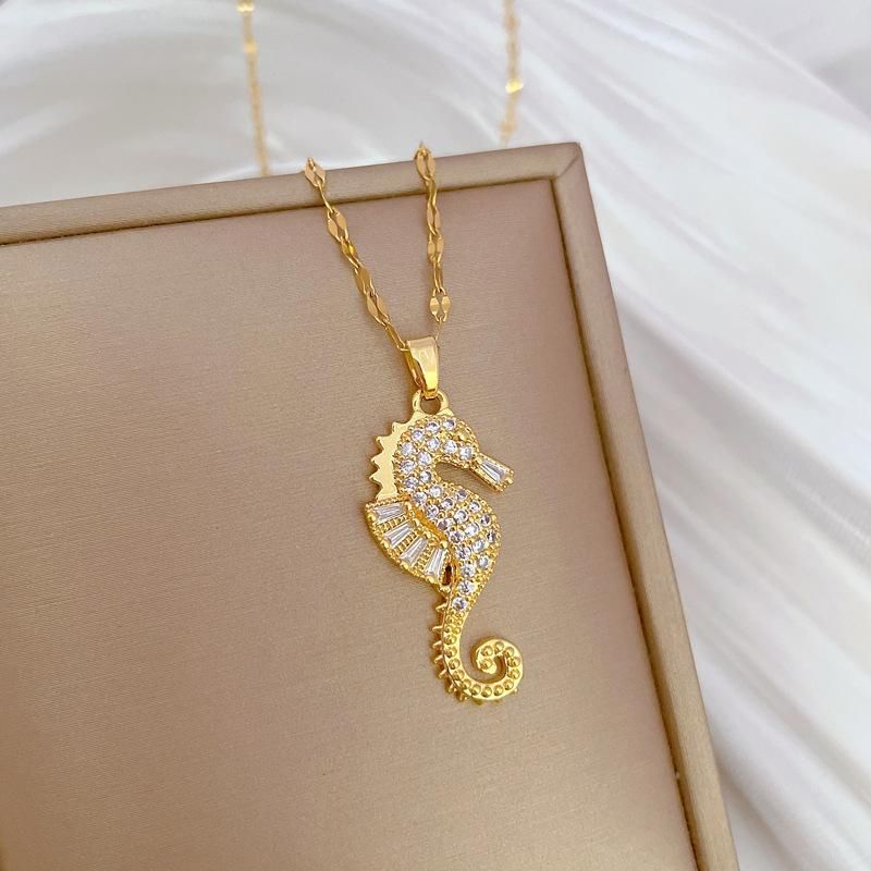Roestvrijstalen ketting Klassieke glanzende zirkoon schattige zeepaard hanger ketting voor vrouwen Sieraden accessoires Geschenken voor dagelijks feest_voghion.com