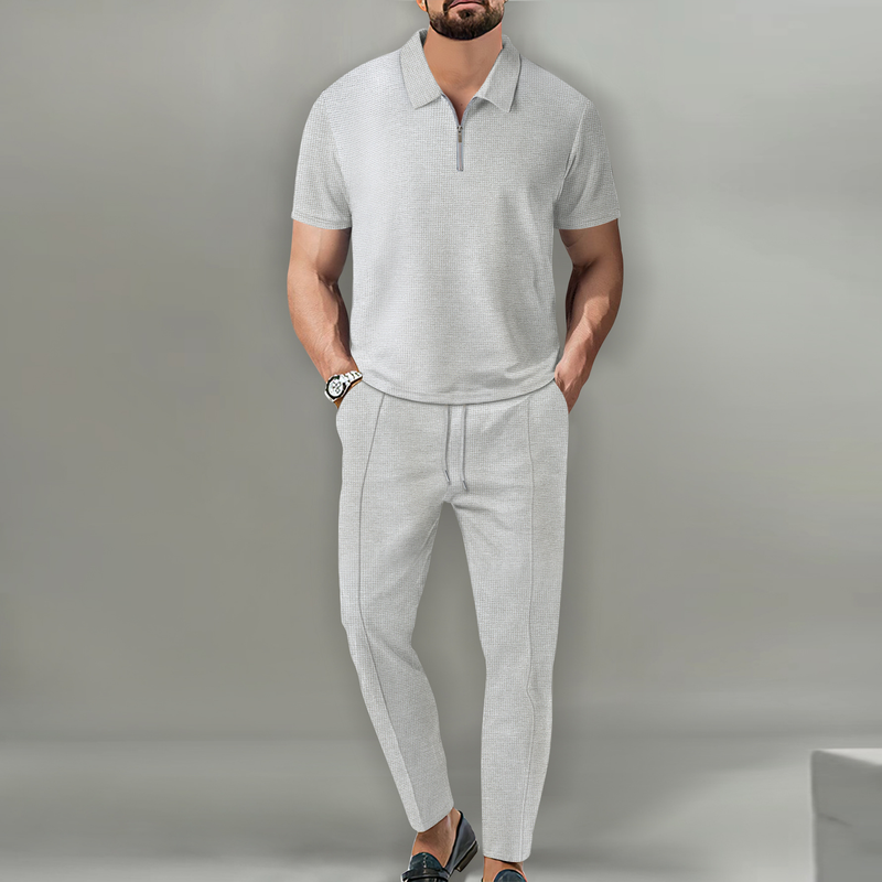 Novo terno de cor sólida masculino waffle lapela manga curta calças com zíper terno_voghion.com