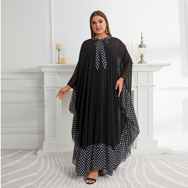 Camisa holgada de murciélago de talla grande para mujer con vestido burqa tipo bata a juego con estampado de lunares y lazo_voghion.com