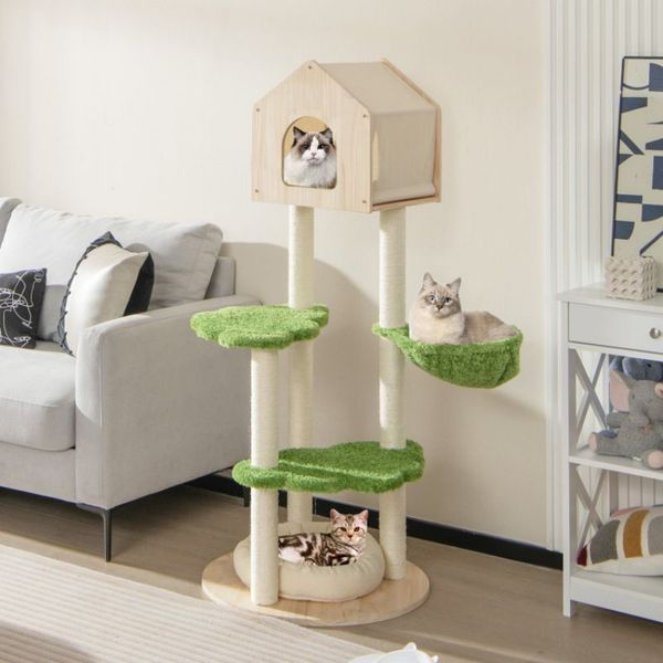 55 Inch Tall Cat Climbing Stand With Sisal Scratching Posts And Soft Cat Bed For Indoor Kittens_voghion.com