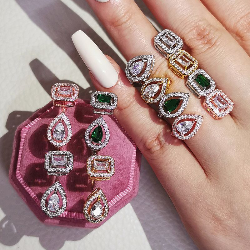 Adjustable Fashion Hot Selling New Multi-color Square Long Zircon Earring Ring Opening R5098_voghion.com