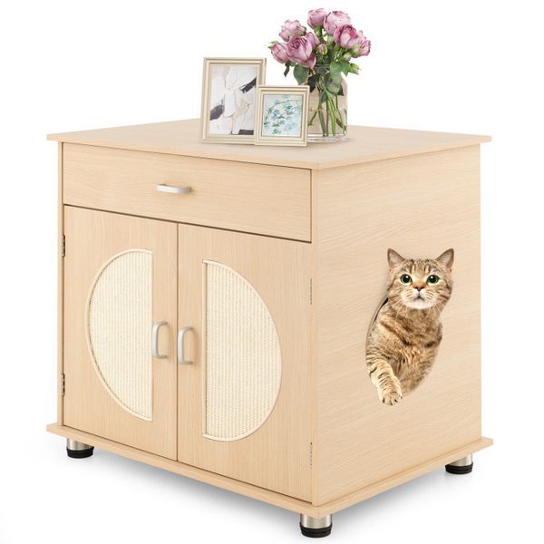 Cat Litter Box Enclosure With Sisal Scratching Doors And Storage_voghion.com