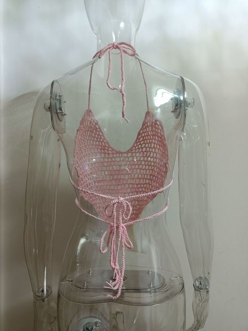 Sexy, ausgehöhltes, rückenfreies Bikinioberteil mit Perlenquasten – trendige Häkelbademode für Damen, ärmellose Strandmode mit V-Ausschnitt in mehreren Farben (S/M/L)_voghion.com