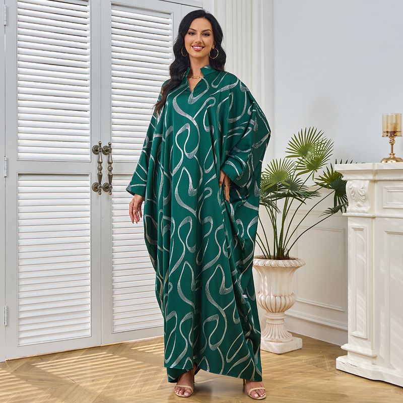 Big Swing per le donne, nuovo alla moda, con maniche a pipistrello stampate a caldo, scollo a V, abito musulmano lungo da donna_voghion.com