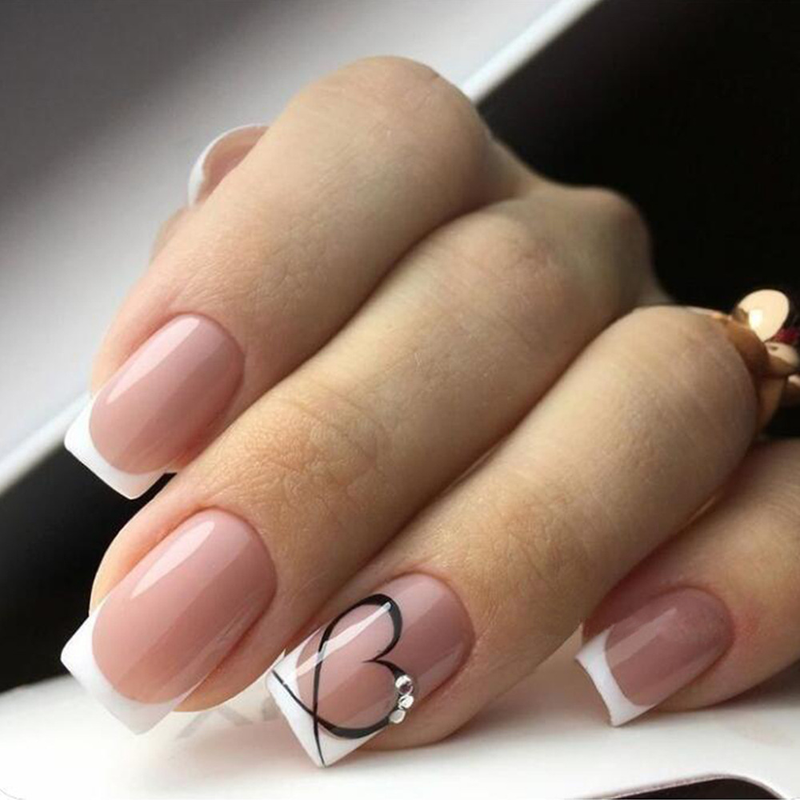 Franska Vita 24st Fake Nails Heltäckande Nagelspetsar Medellånga fyrkantiga lösnaglar med strassdesign Wearab_voghion.com